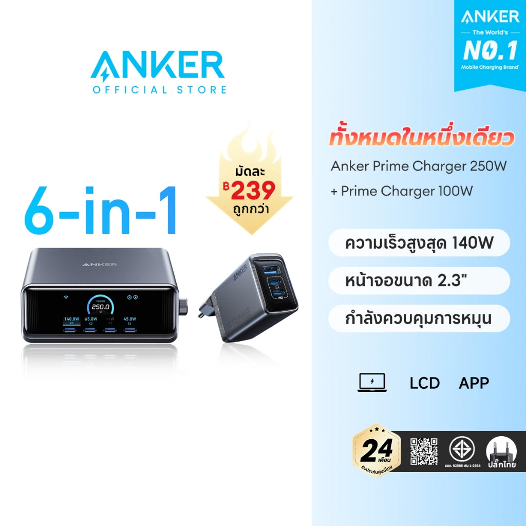 แท่นชาร์จ Anker Prime Charger 250W/200W 6-Ports GaN