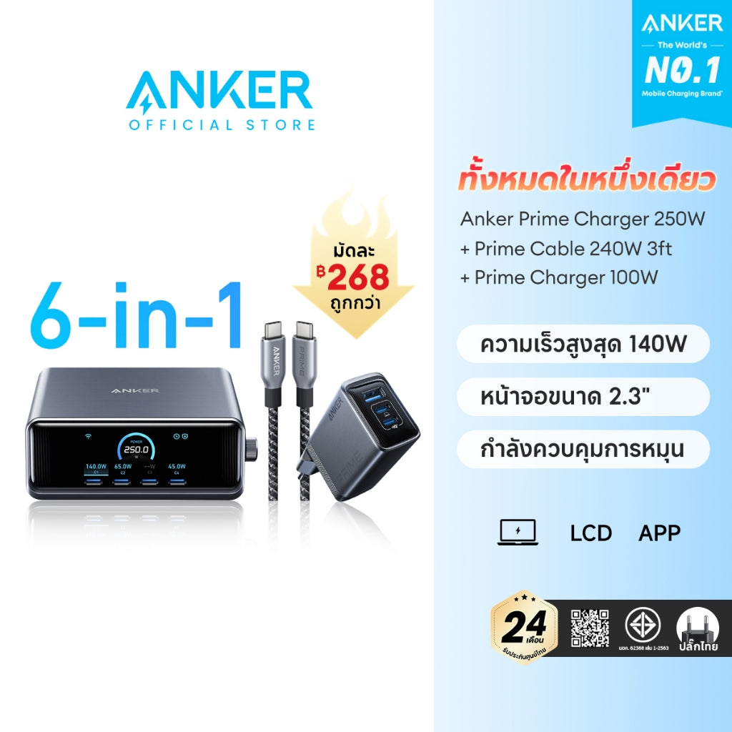 แท่นชาร์จ Anker Prime Charger 250W/200W 6-Ports GaN