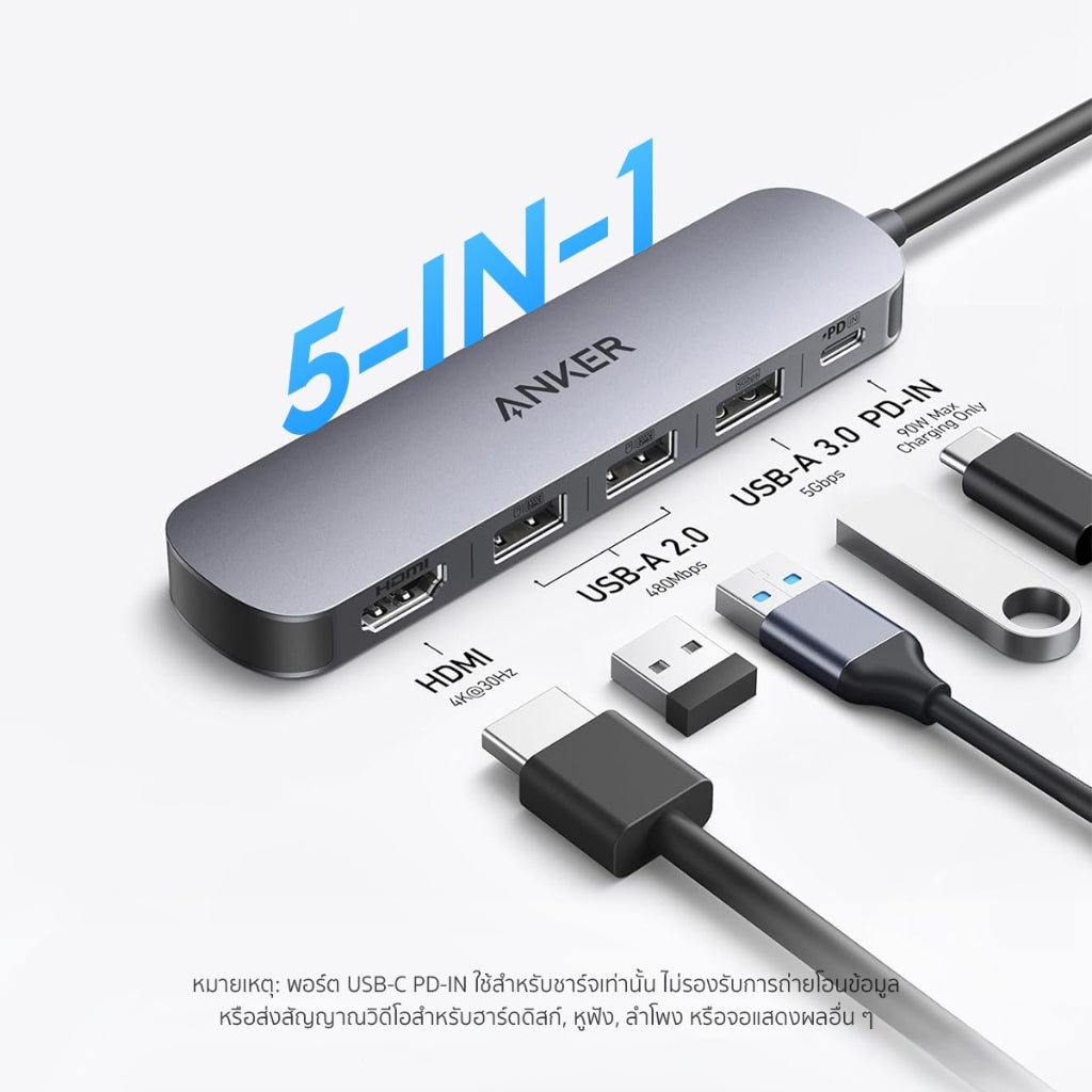 ฮับอะแดปเตอร์ Anker PowerExpand 5-in-1 USB-C Media Hub For Laptops